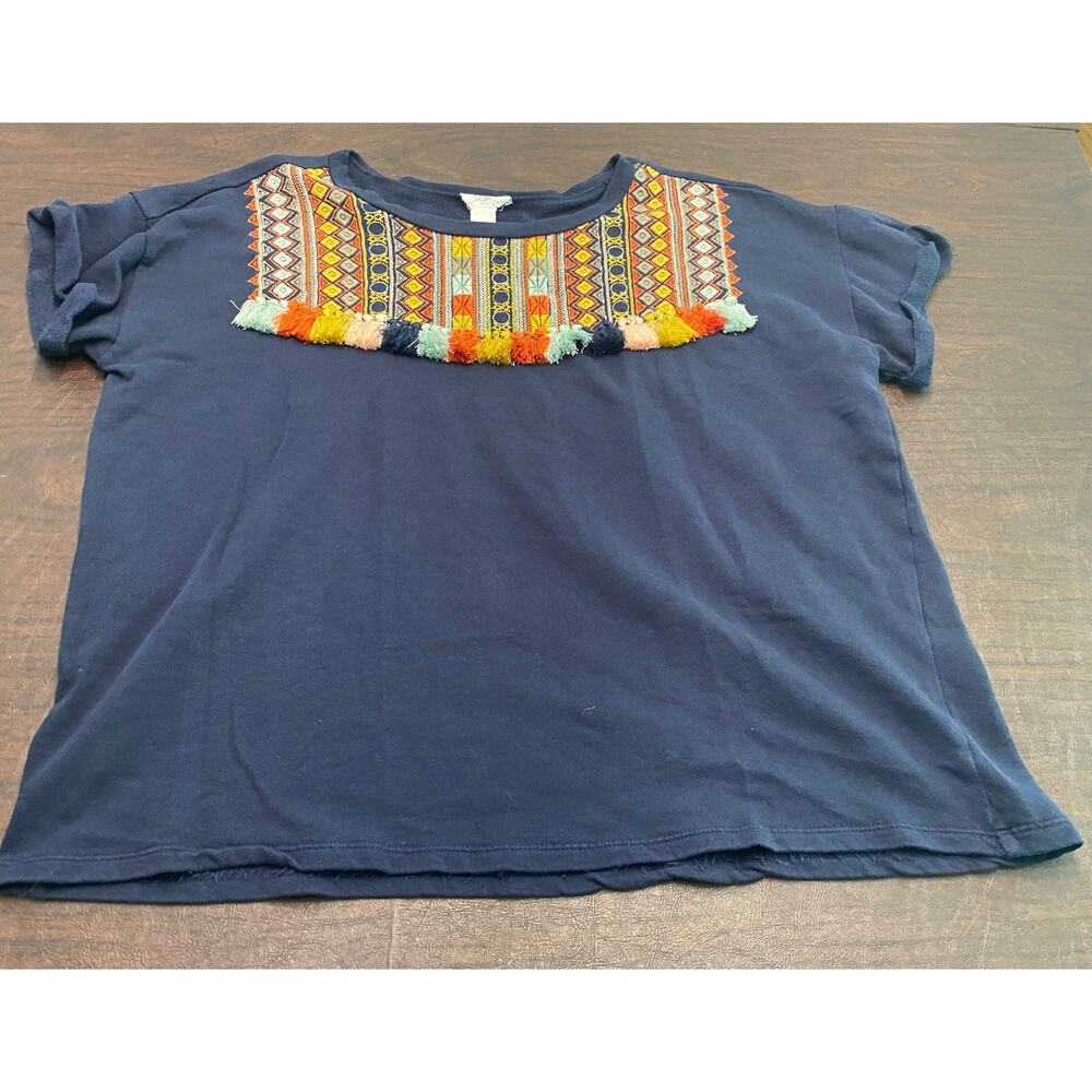 Loft Lounge Southwest Santa Fe Tassel Short Sleeve Shirt‎ 100% Cotton Comfy XL